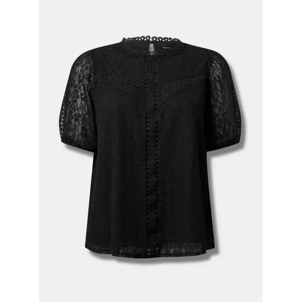 Torrid Black Lace Short Puff Sleeve Crochet Trim Blouse Top Plus Size 5 5X NEW - Picture 6 of 14
